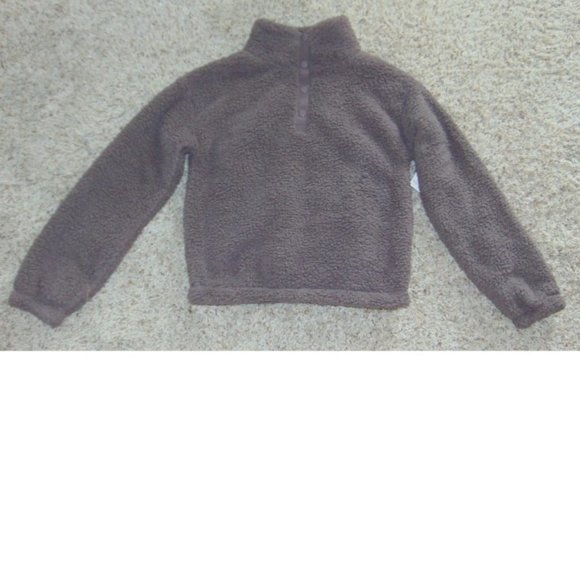 Womens Sherpa Sweater SO Brown Medium Collared Snap Neck Pullover Dolman Sleeves - Picture 3 of 6
